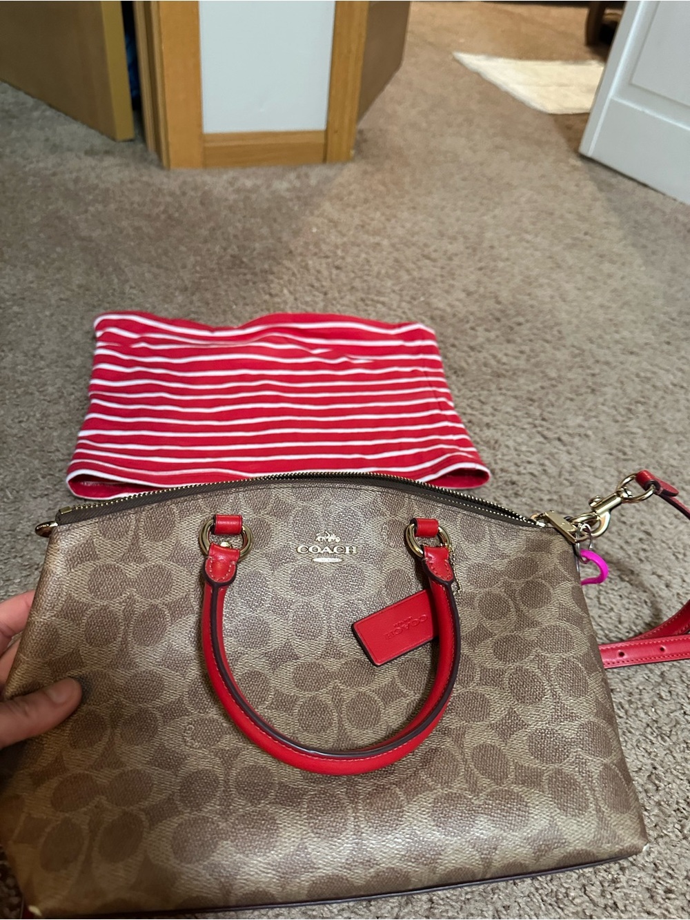 Coach Brown Signature Satchel with Red Trim